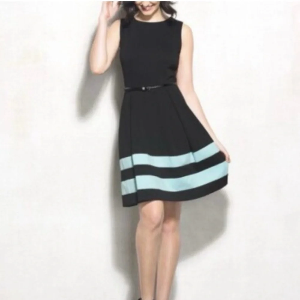calvin klein dress blue and black Orange Stripe sz 0 Virgin wool/mohair/nylon Calvin Klein Colorblock Side Tie